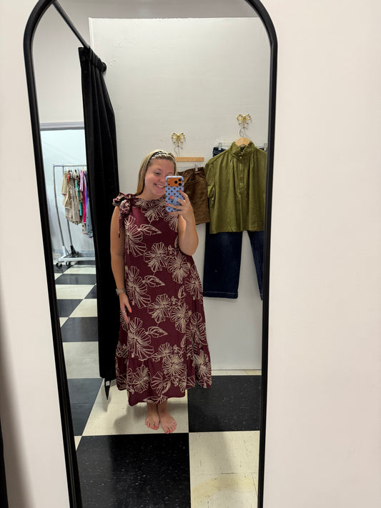 Embroidery Neck Tie Midi Dress