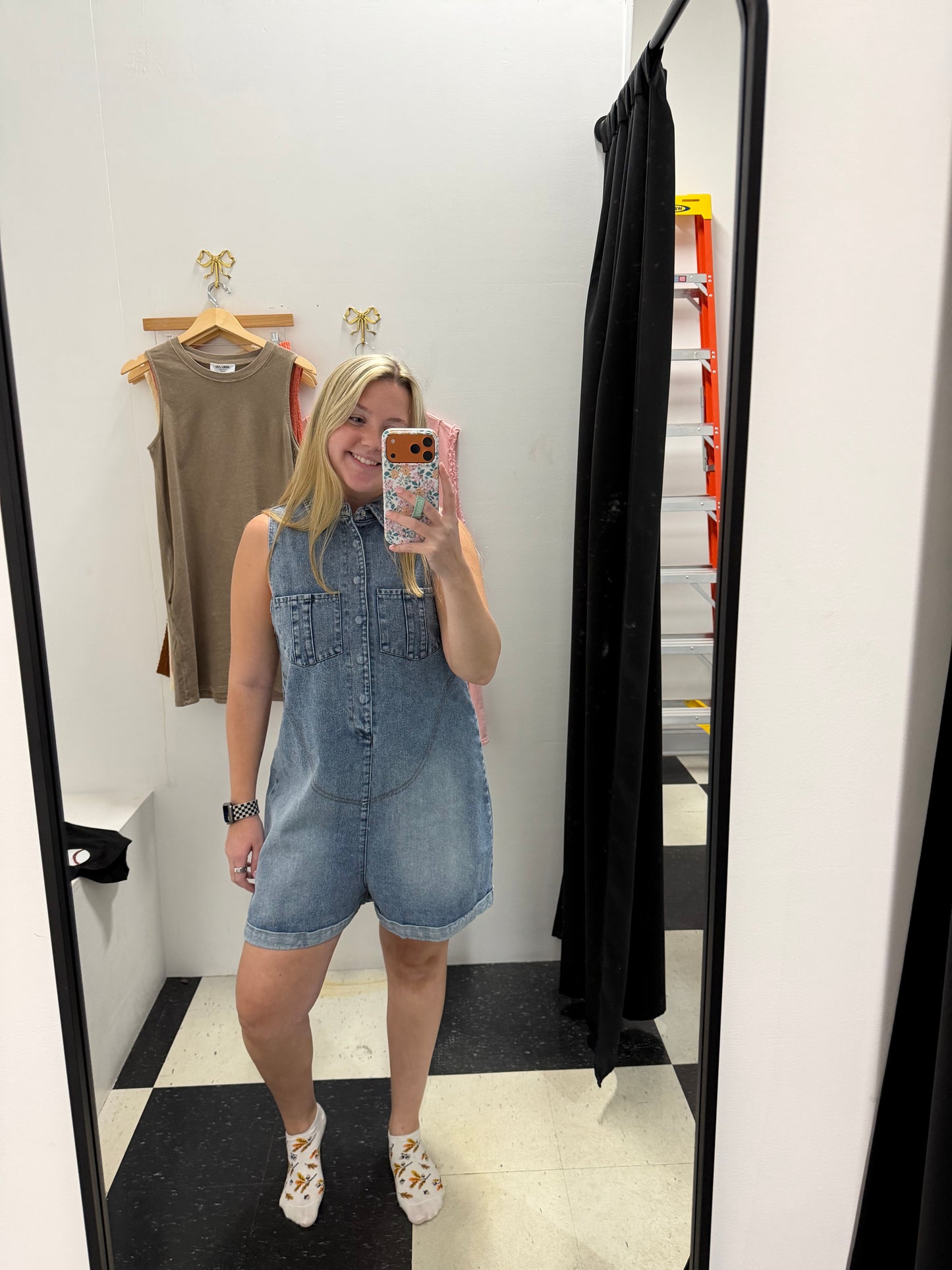 Washed Denim Button-Down Romper