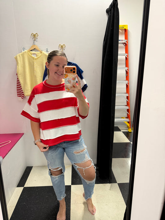 french terry striped exposed seam top - red