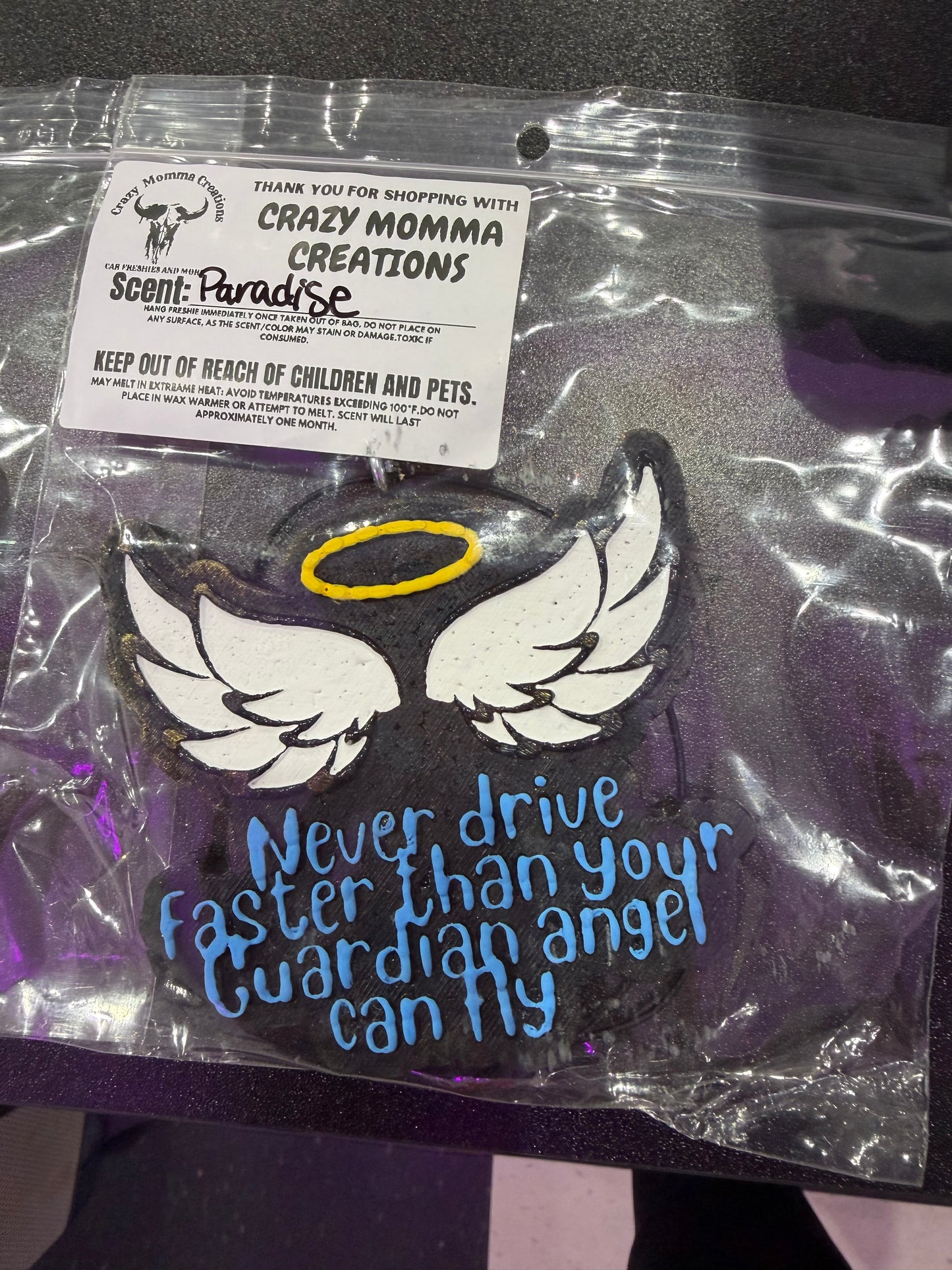 Never Faster Than Your Guardian Angel Freshie - Black