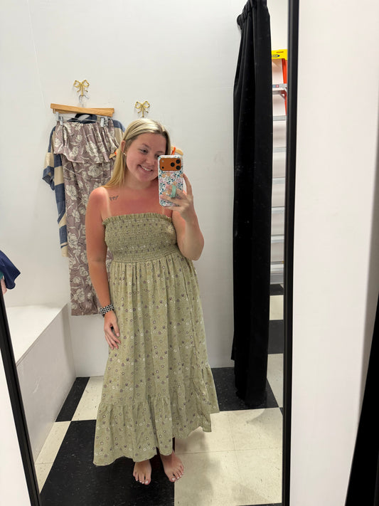SMOCKED BODIE TUBE TOP MIDI DRESS