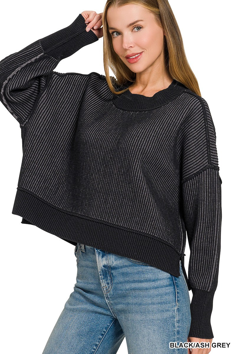 EXPOSED SEAM TWO TONE SWEATER - BLACK