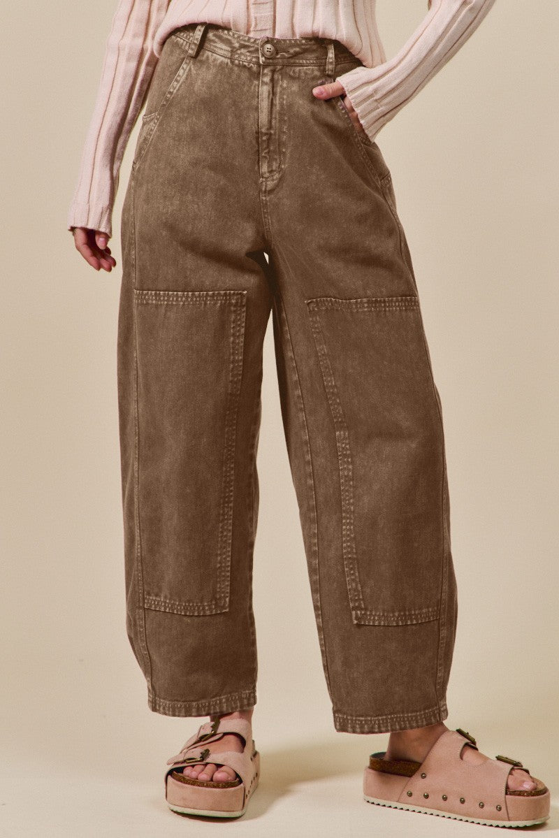 MINERAL WASHED MID RISE BARREL JEANS