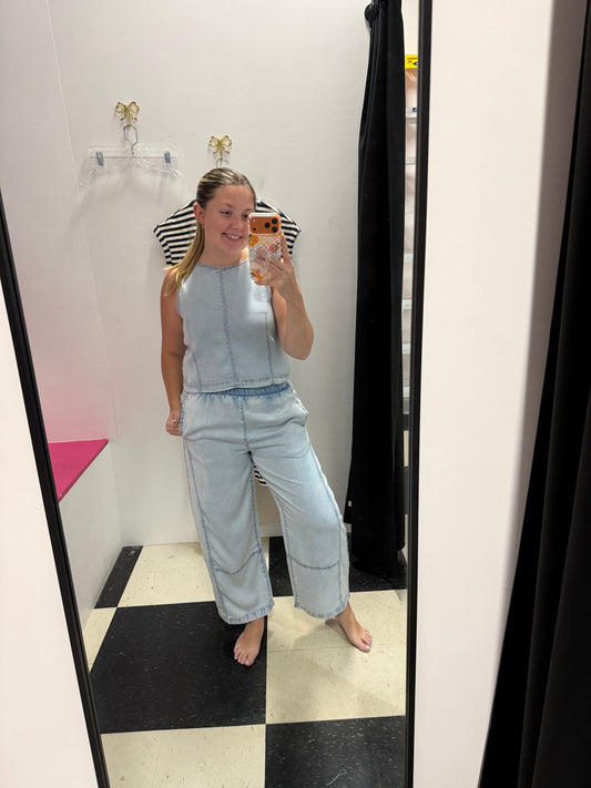 Elastic Waist Washed Denim Pants