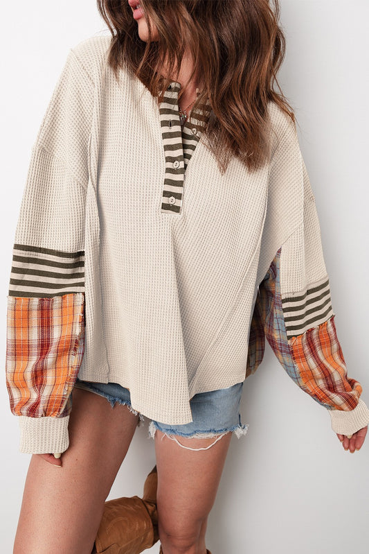 STRIPED WAFFLE KNIT HENLEY TOP