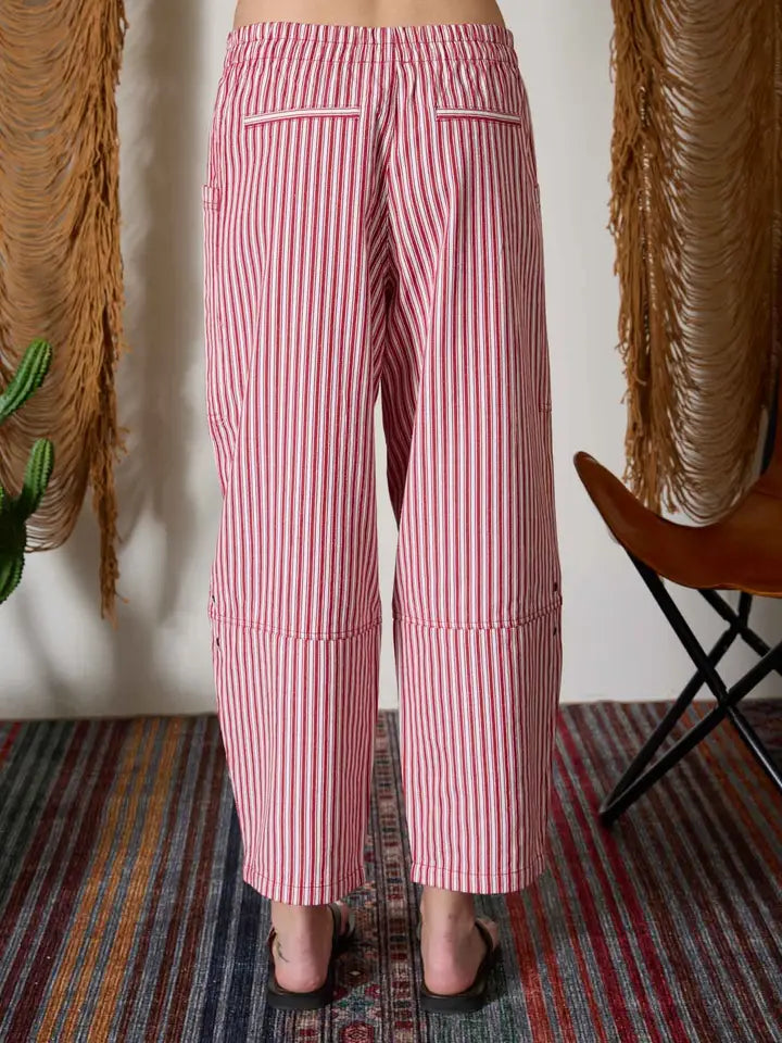 STRIPED POCKET DETAIL WIDE LEG PANTS - BERRY