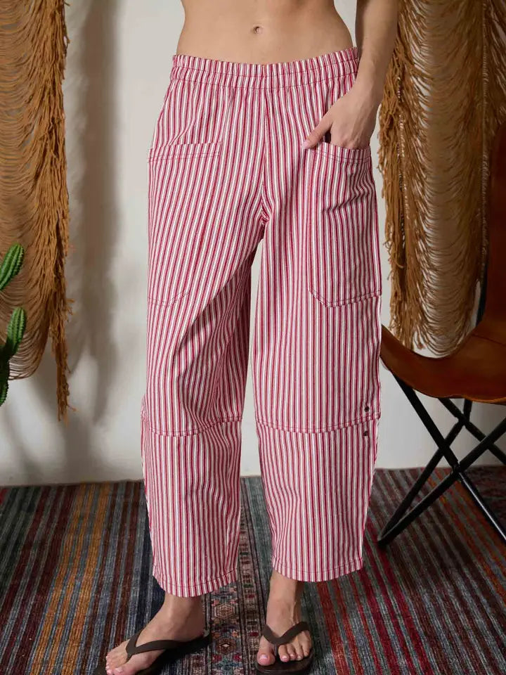 STRIPED POCKET DETAIL WIDE LEG PANTS - BERRY