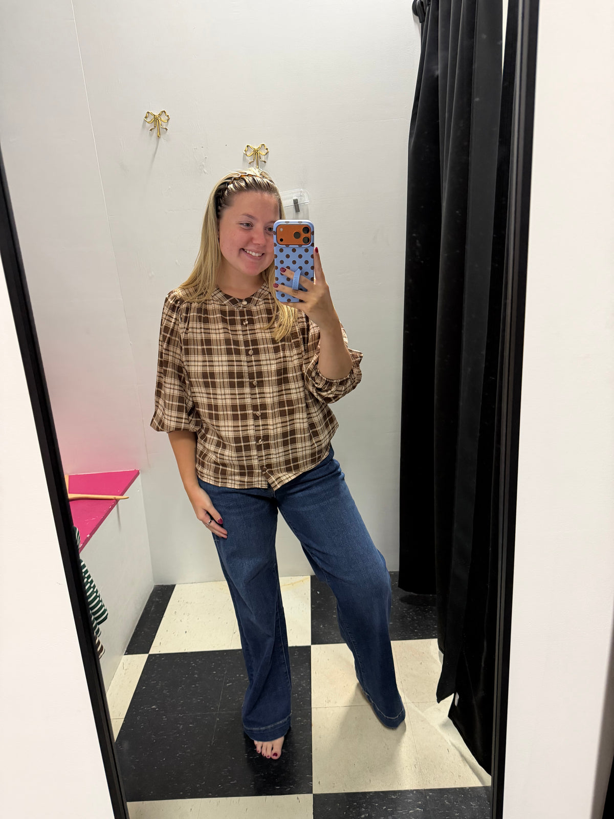 PLAID ROUND NECK TOP - BROWN