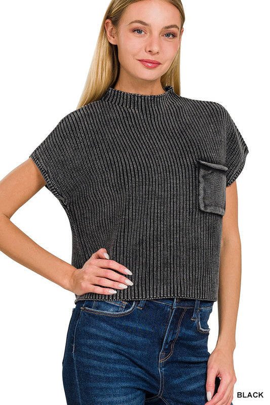 WASHED MOCK NECK CROPPED SWEATER - BLACK