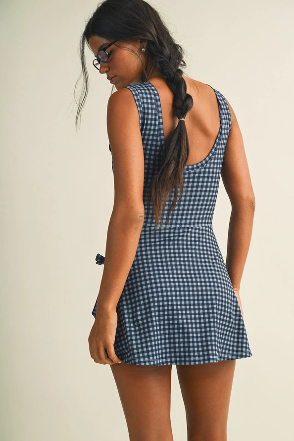 GINGHAM WRAP FRONT TIE DRESS - DUSTY BLUE