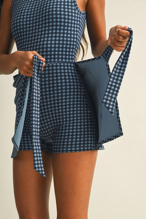 GINGHAM WRAP FRONT TIE DRESS - DUSTY BLUE