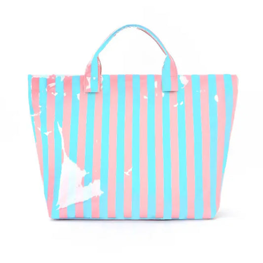 STRIPED VINYL TOTE BAG - BLUE/PINK