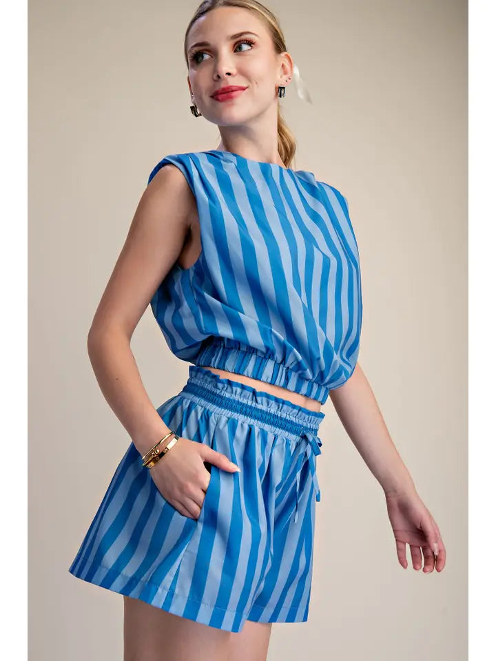 BY THE OCEAN SIDE STRIPED SHORTS - BLUE