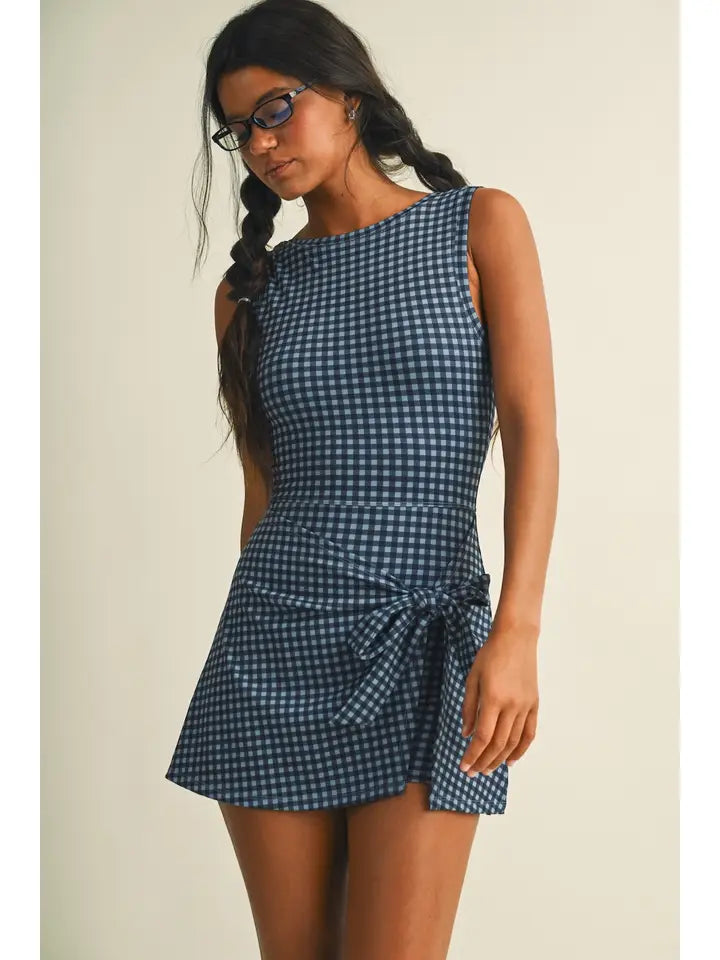 GINGHAM WRAP FRONT TIE DRESS - DUSTY BLUE