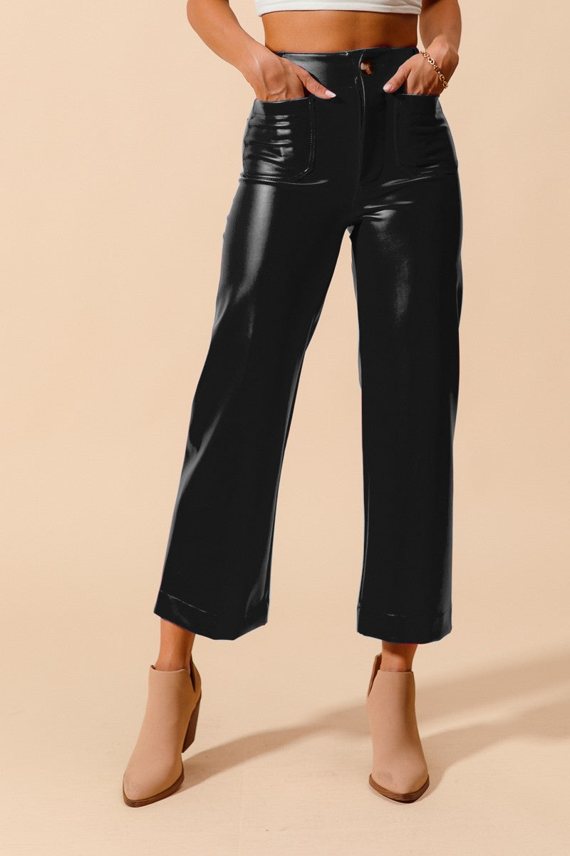 MID RISE FAUX LEATHER BOOT CUT PANTS