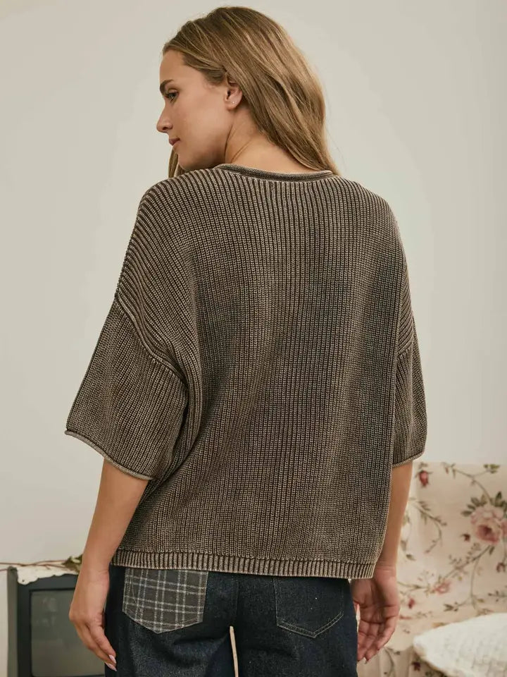 WASHED RIBBED CARDIGAN - DARK BROWN