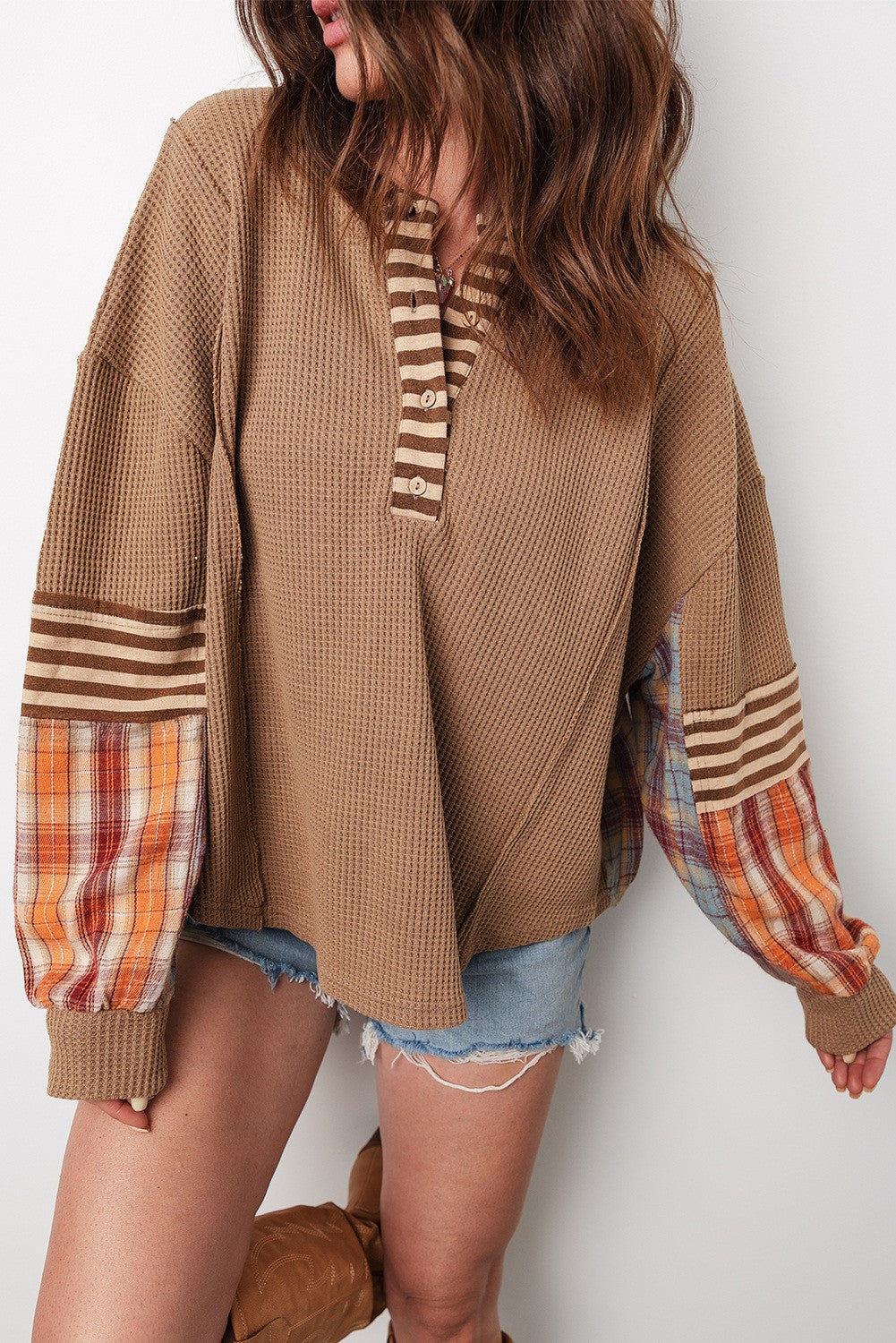 STRIPED WAFFLE KNIT HENLEY TOP