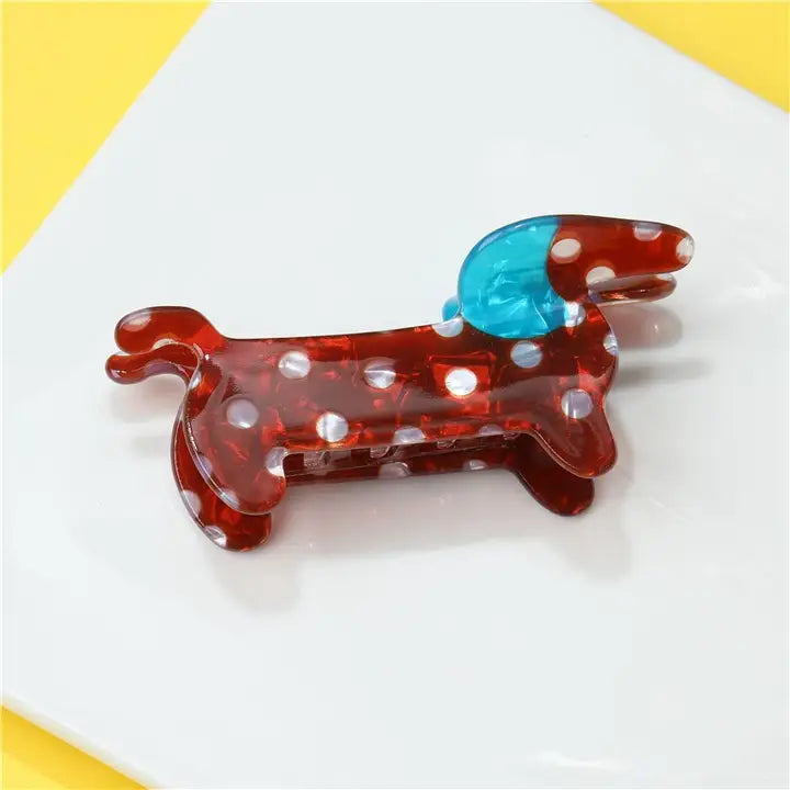 JUMBO POLKA DOT WEENIE DOG HAIR CLIP - BROWN