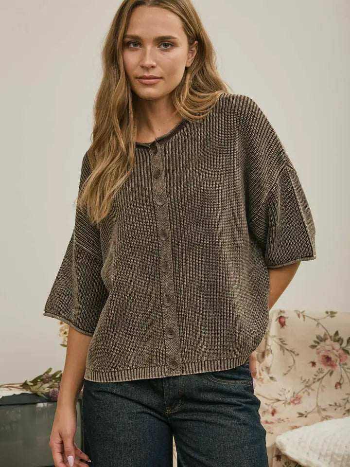 WASHED RIBBED CARDIGAN - DARK BROWN