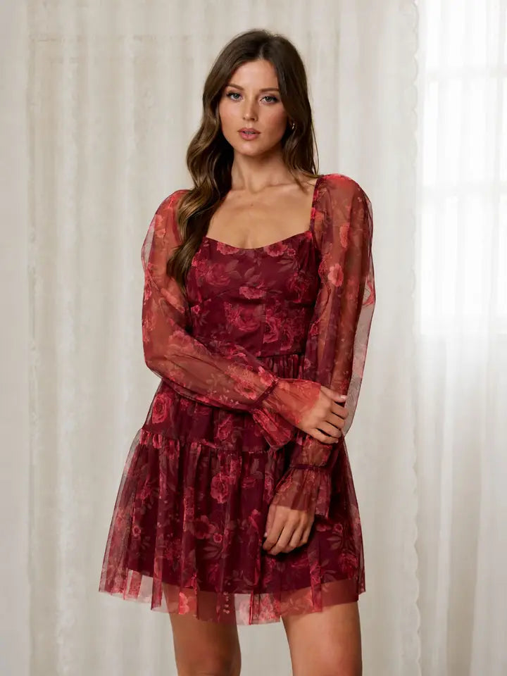 FLORAL CHIFFON CORSET MINI DRESS