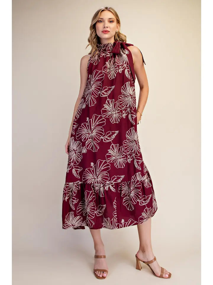 Embroidery Neck Tie Midi Dress
