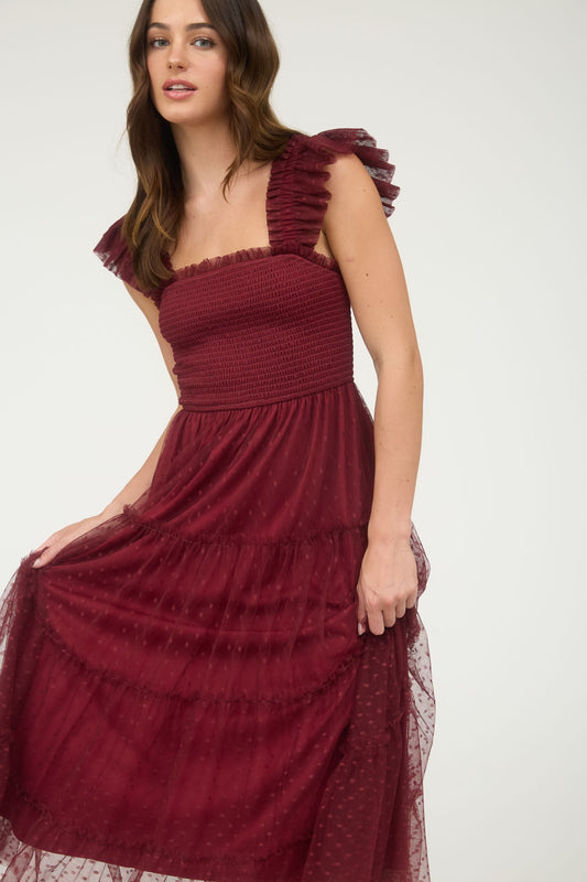 POLKA DOT CHIFFON SMOCKED DRESS