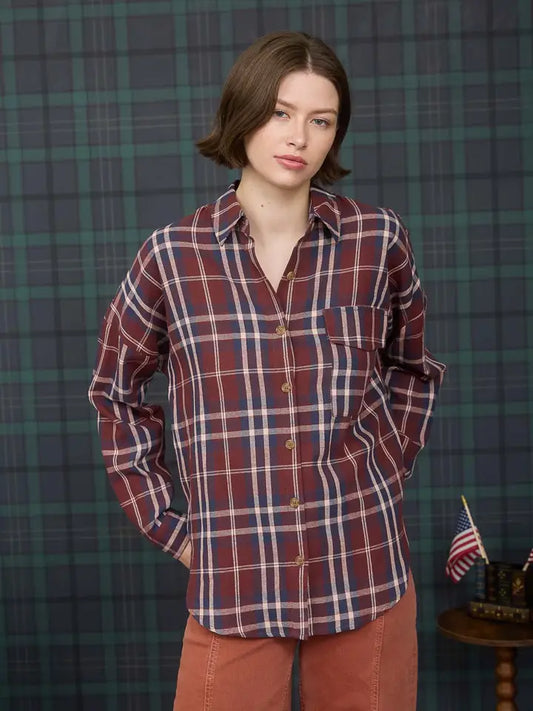 QUINN PLAID BUTTON DOWN SHIRT - BURGUNDY