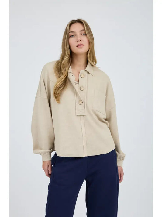 COLLARED RAW EDGE KNIT TOP - KHAKI
