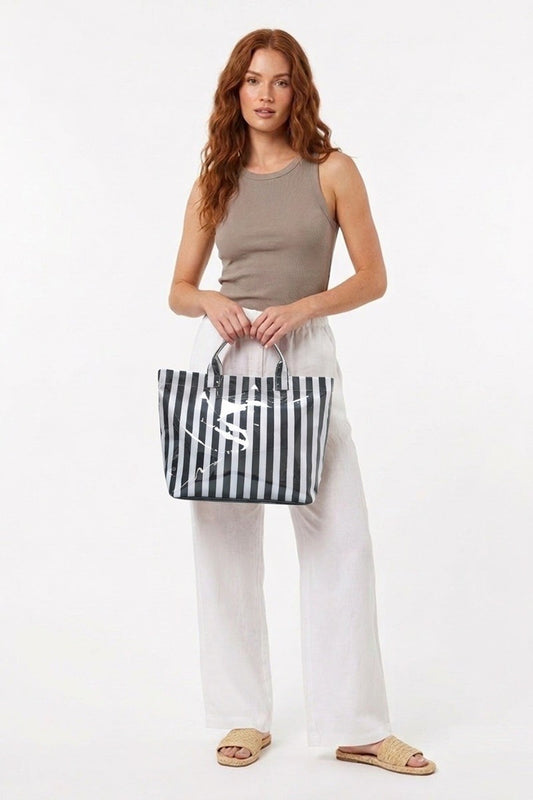 STRIPED PVC TOTE BAG - BLACK/WHITE