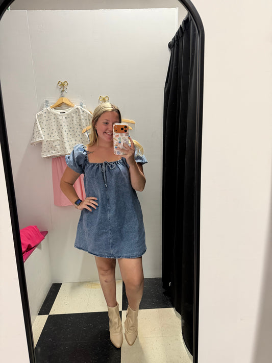 denim puff sleeve mini dress