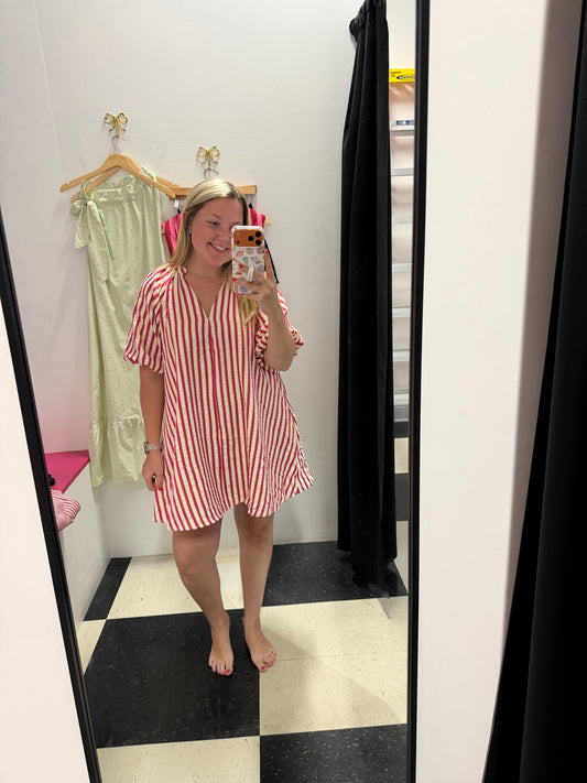 PUFF SLEEVE STRIPED MINI DRESS - MAGENTA