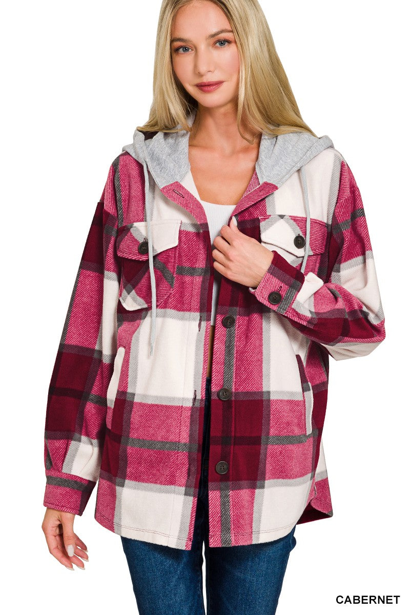 PLAID DRAWSTRING HOODED SHACKET