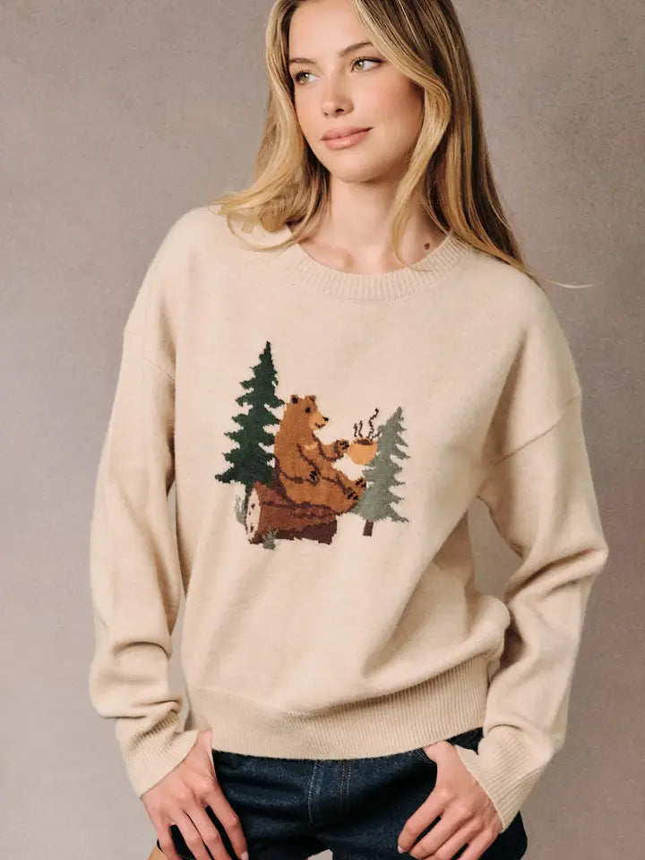 COZY BEAR GRAPHIC KNIT SWEATER