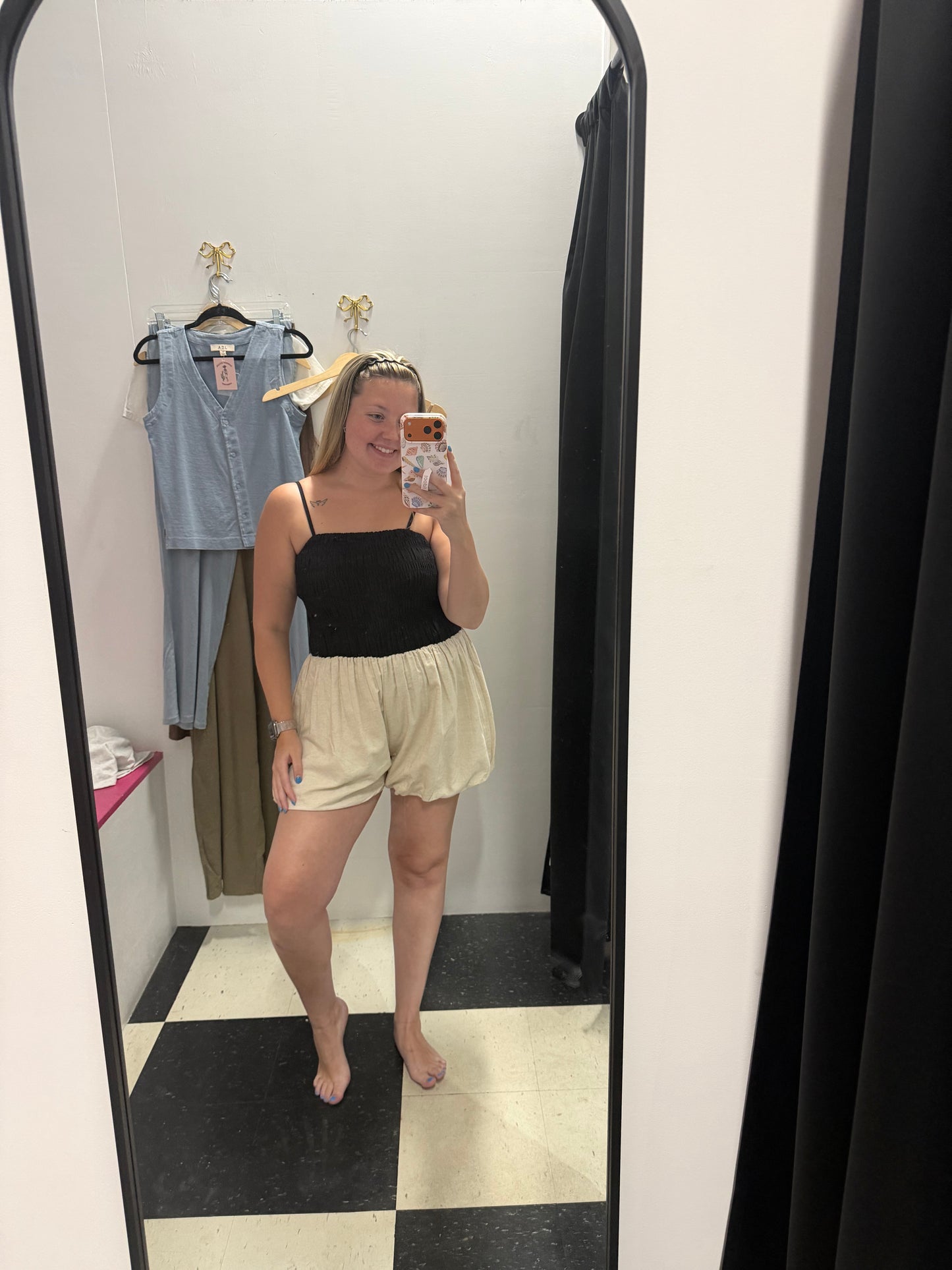 Smocked Bubble Hem Romper - Black