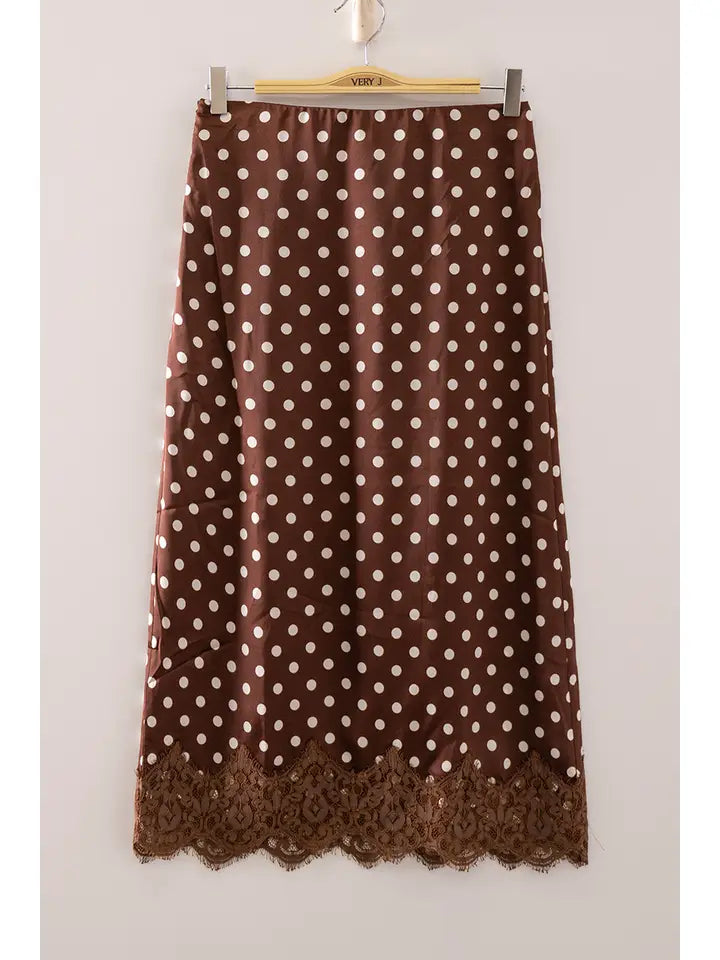 POLKA DOT LACE TRIM SATIN MIDI SKIRT