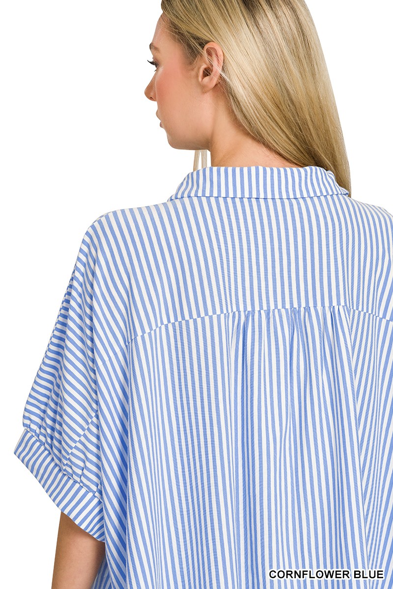 OVERSIZE STRIPED BUTTON DOWN TOP - BLUE