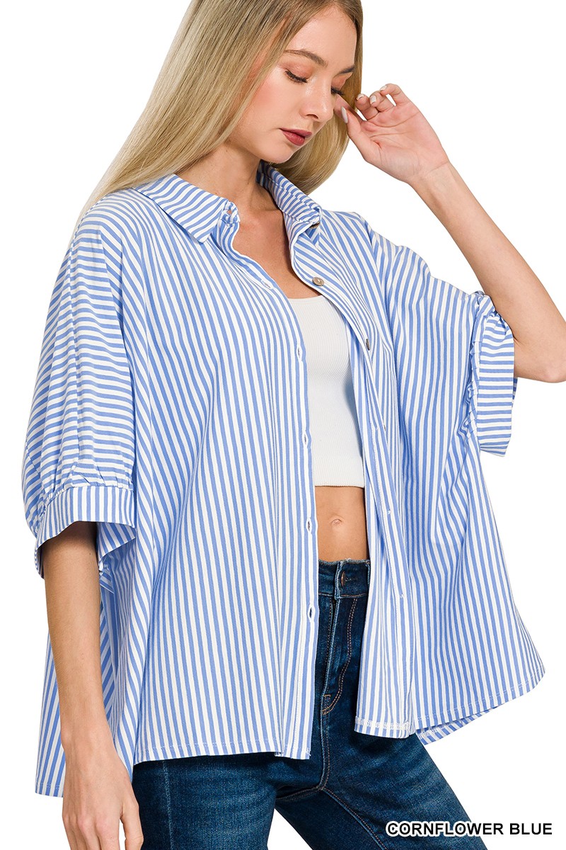 OVERSIZE STRIPED BUTTON DOWN TOP - BLUE