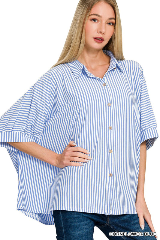 OVERSIZE STRIPED BUTTON DOWN TOP - BLUE