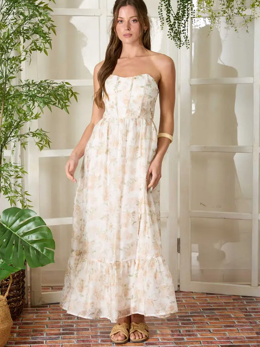 FLORAL CORSET SIDE SLIT MIDI DRESS