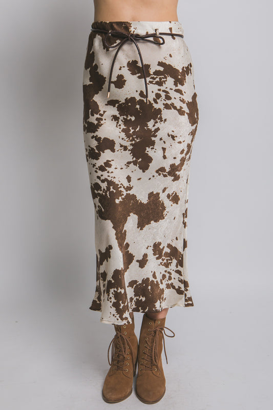 COW PRINT SATIN MIDI SKIRT