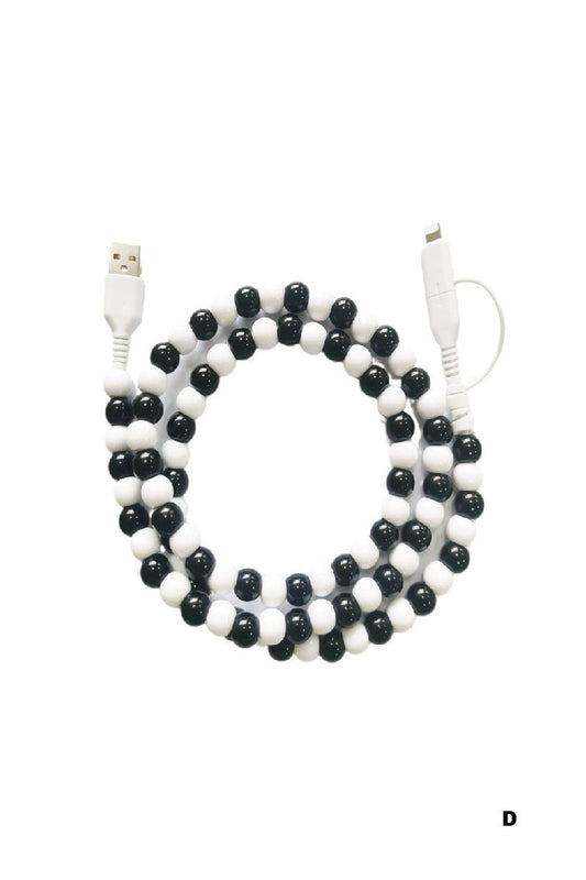 BEADED DUAL USB CHARGING CABLE - BLACK/WHITE