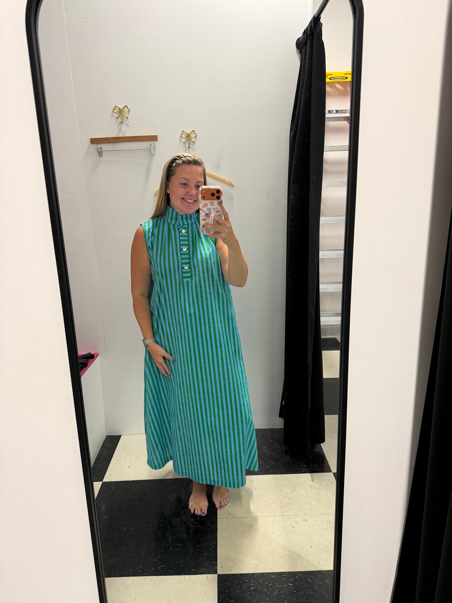High Collar Striped Midi Dress