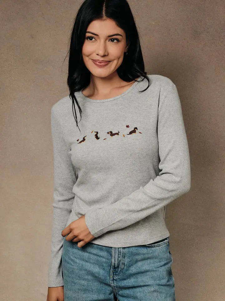 FALL DOG EMBROIDERED LONG SLEEVE TOP - FINAL SALE