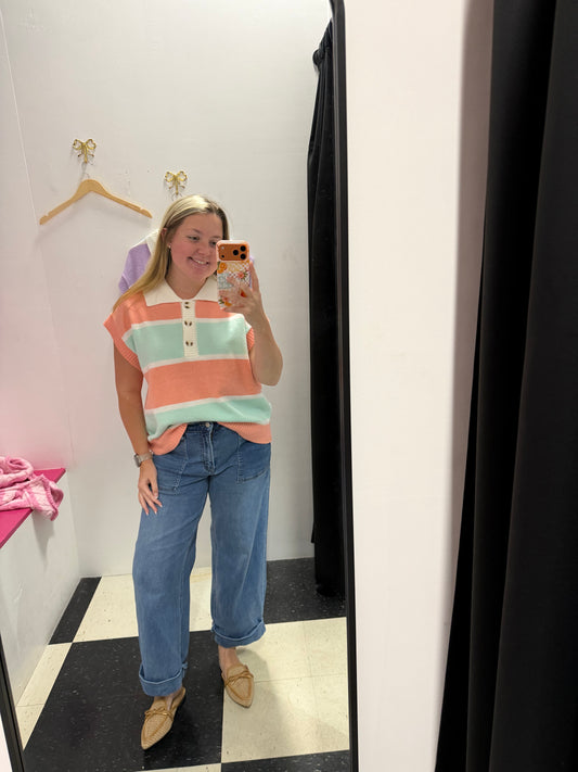 STRIPED BUTTON COLLARED TOP - APRICOT/MINT