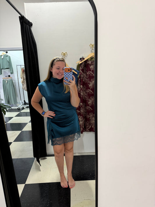 Lace High Neck Mini Dress - Teal