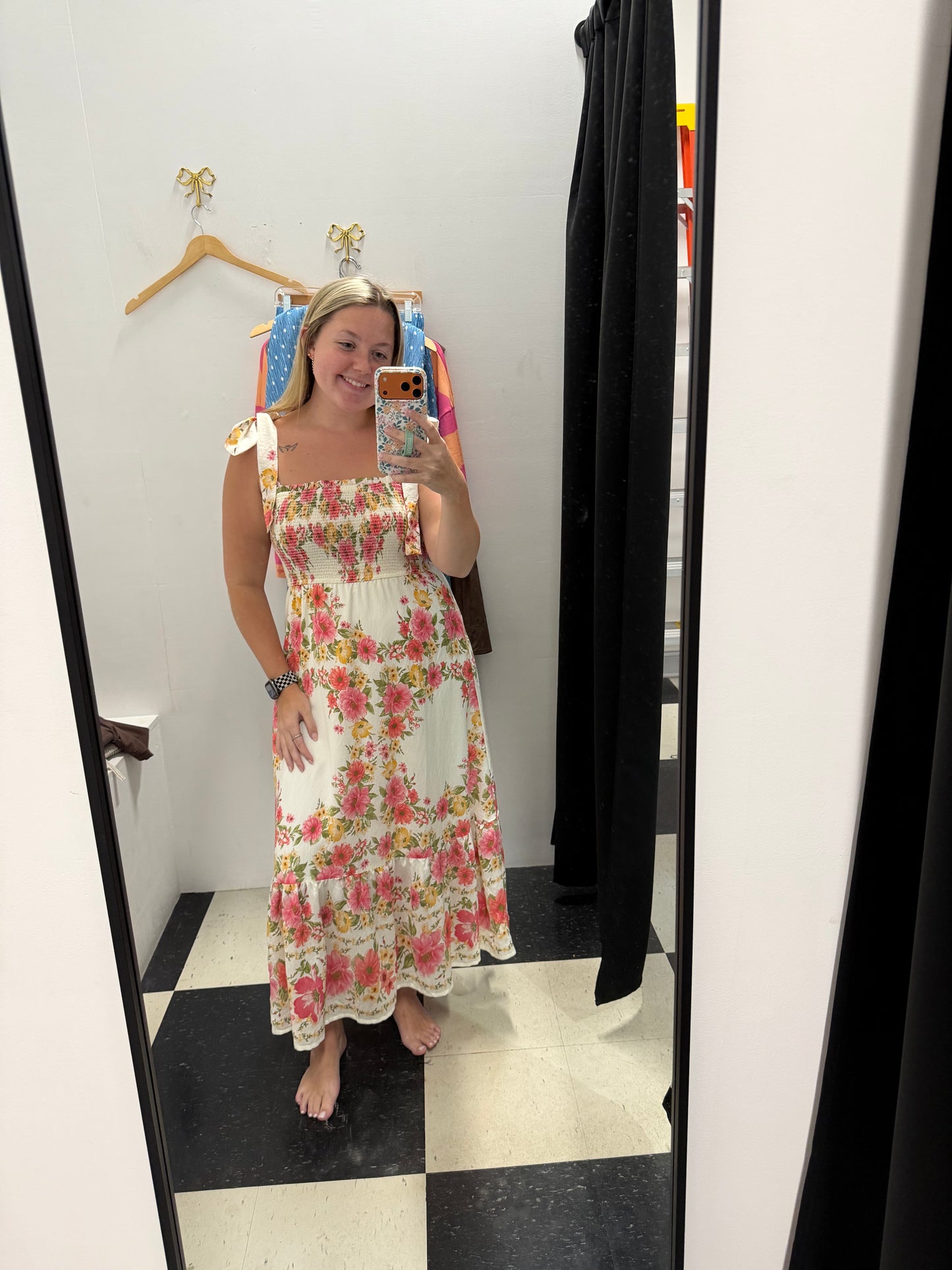 FLORAL TIE SMOCKED MIDI DRESS