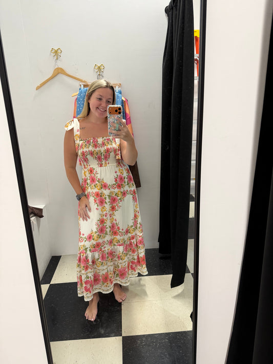 FLORAL TIE SMOCKED MIDI DRESS