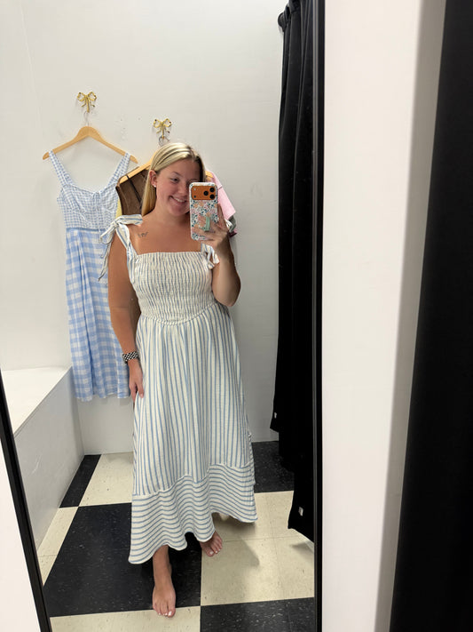 STRIPED BASQUE WAIST MAXI DRESS