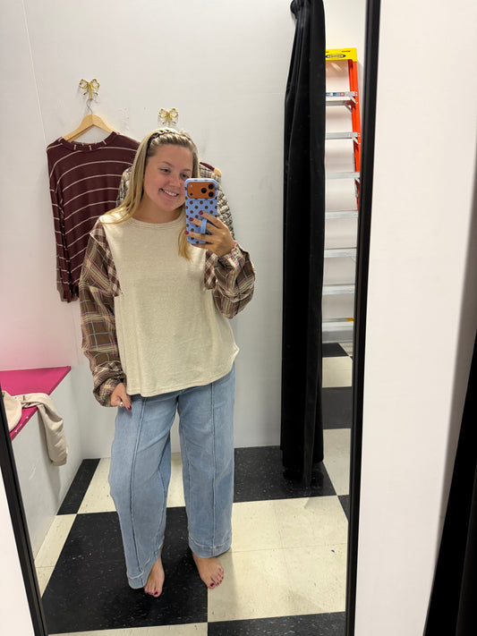Contrast Plaid Sleeve Top - Blue & Pink Mix