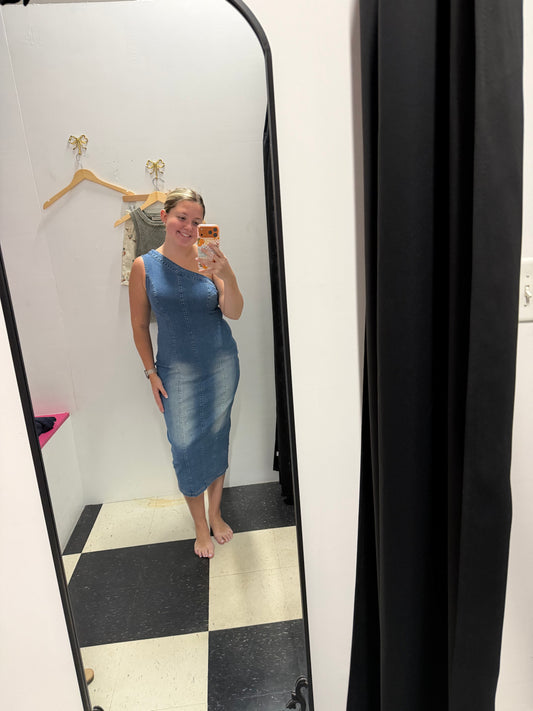 One Shoulder Denim Stretch Dress